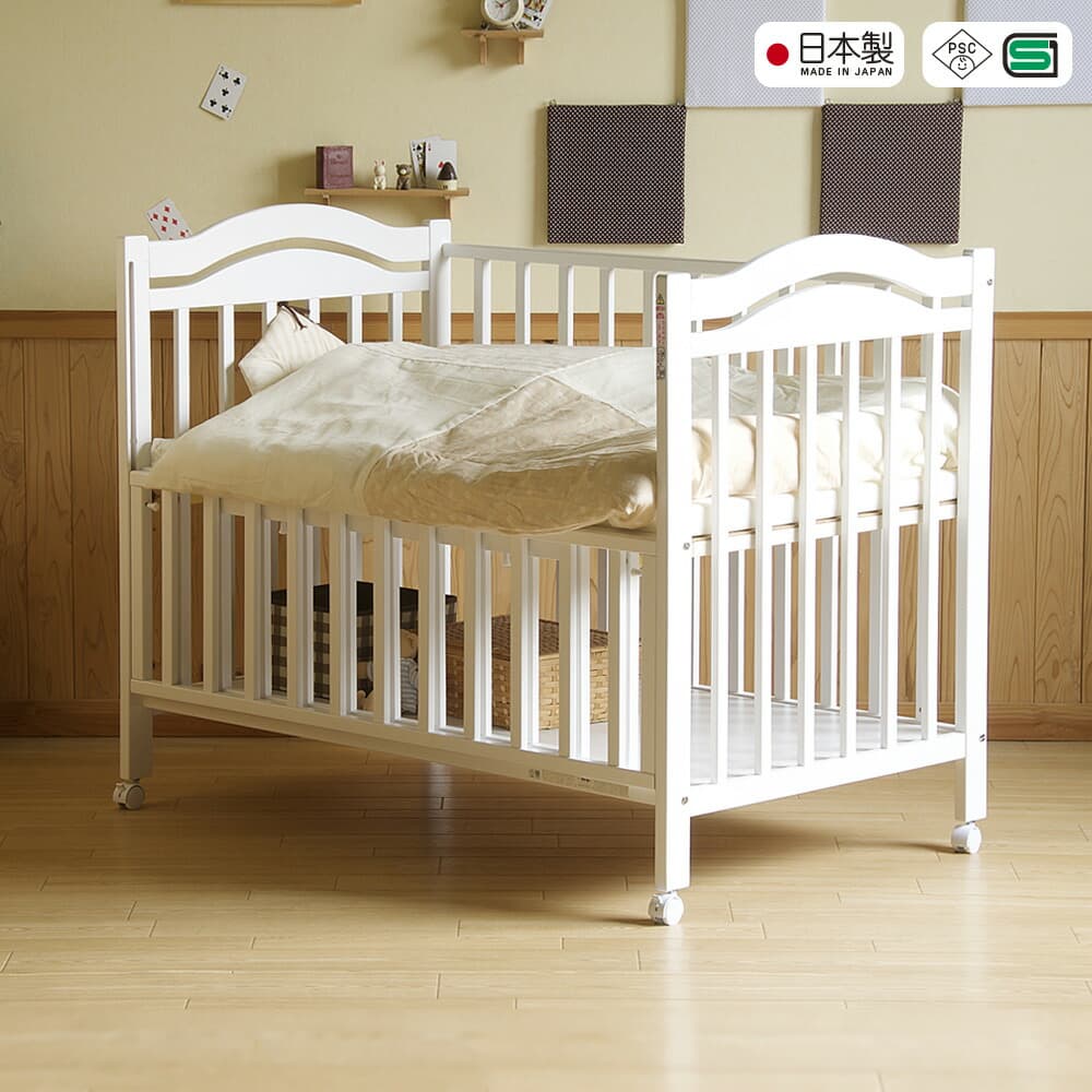日本製 ベビーベッド 「アリス WH（ホワイト）【B品／アウトレット】」　 布団セット 収納 ハイタイプ ハイタイプ 転落 防止 キャスター付き 木製ベビーベッド ベビーサークル 石崎家具：スリーピー楽天市場店